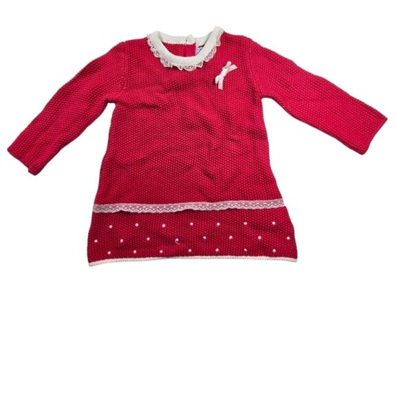 Tahari Baby Red Crochet Knitted Dress Lace Trim Beanie Hat Velvet Bow Infant Cap - Picture 8 of 10